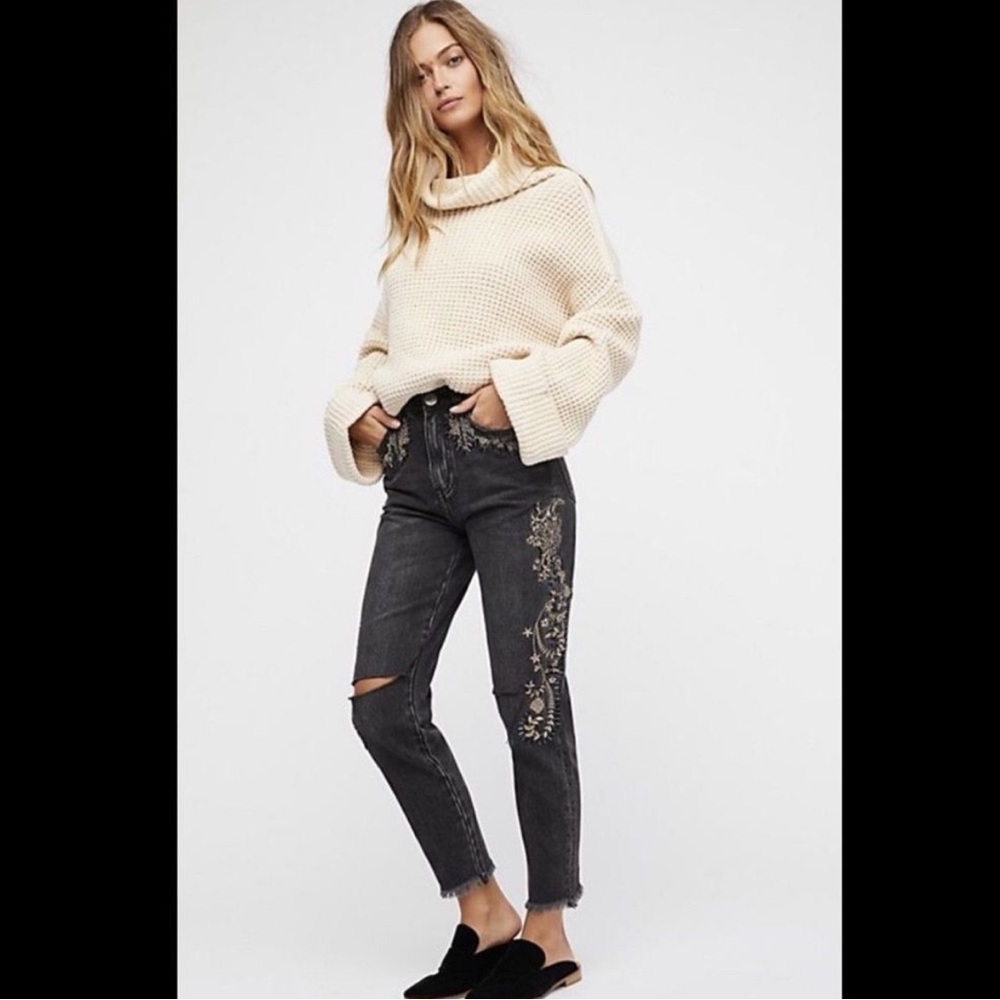 One Teaspoon x Free People Royal Rock Embroidered Mom Fit Jeans